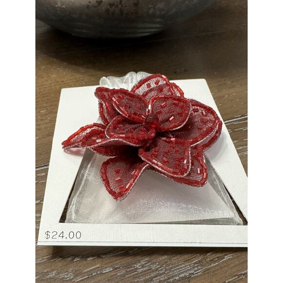 NEW Poinsettia Pin Brooch Christmas Beaded Mesh Wire Red w/Gift Bag or Storage - Picture 3 of 5